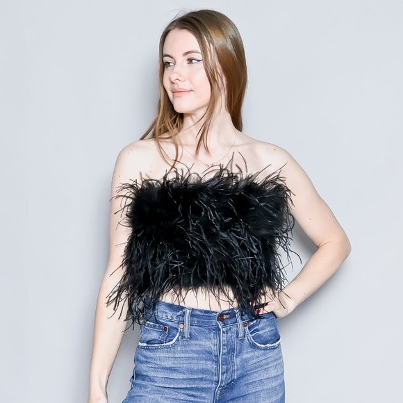 Lamarque Tops - LAMARQUE Zaina Black Feather Bustier Top NWT